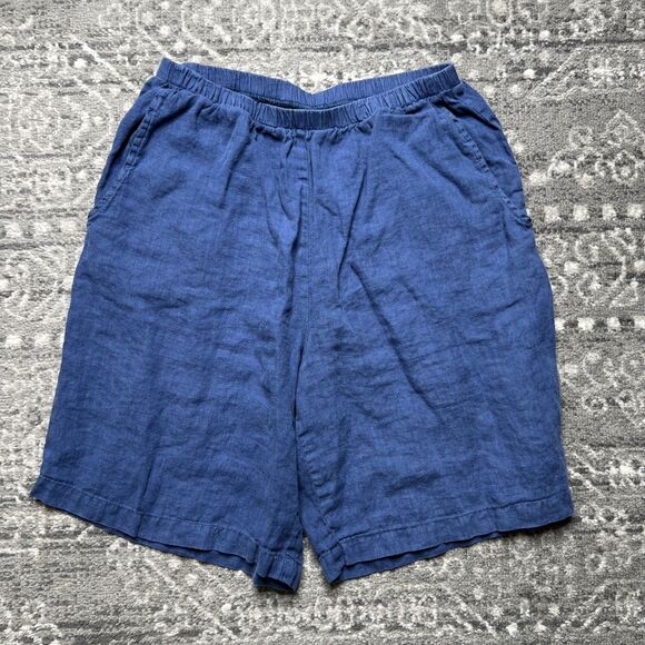 FLAX Pants - FLAX Brand Blue Linen Shorts Size Small Elastic Waist Lagenlook Casual Comfort